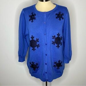 CW Classics Blue Sequin Snowflake Button Front Cardigan Sweater